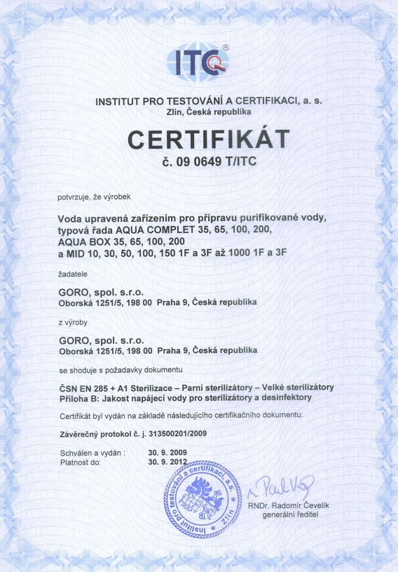 certifikát úprava vody