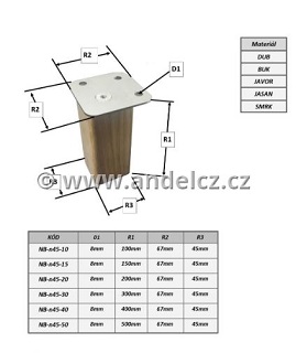 Nábytková noha - jasan, dub, smrk, buk, javor