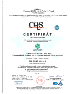 Certifikát ISO 9001 - 2016 VYMYSLICKÝ - VÝTAHY